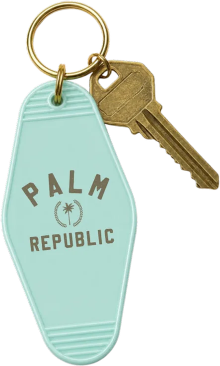 A Palm Republic motel key tag